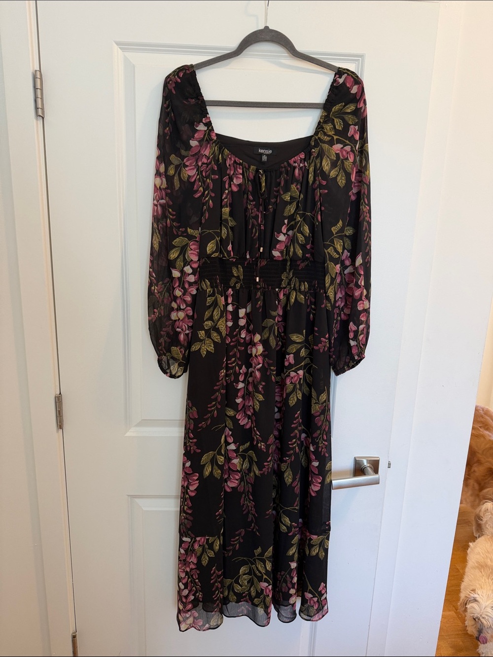 Kensie Black Midi Dress with Pink Floral & Green Leaves